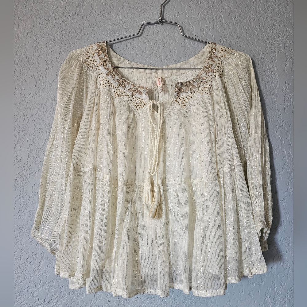 RAGA Cream Metallic Boho Tunic with Embroidered Neck Size S